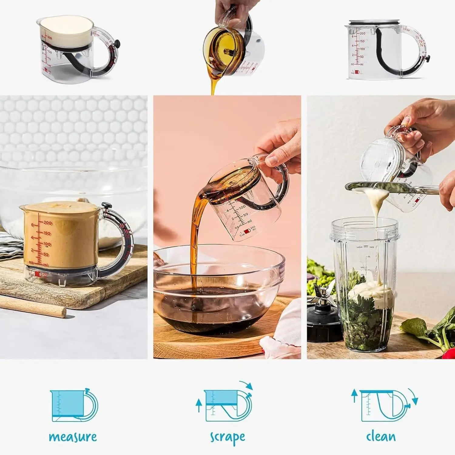 CosoraHome 4-in-1 Adjustable Measuring Cup – Multi-Functional Kitchen Tool with Scraper Base
